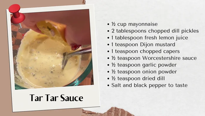 Preparare la salsa tartara: tritare cetriolini e capperi, unire tutti gli ingredienti e mescolare fino ad ottenere un composto liscio e cremoso. Coprire e mettere in frigo per almeno 30 minuti (30.32).