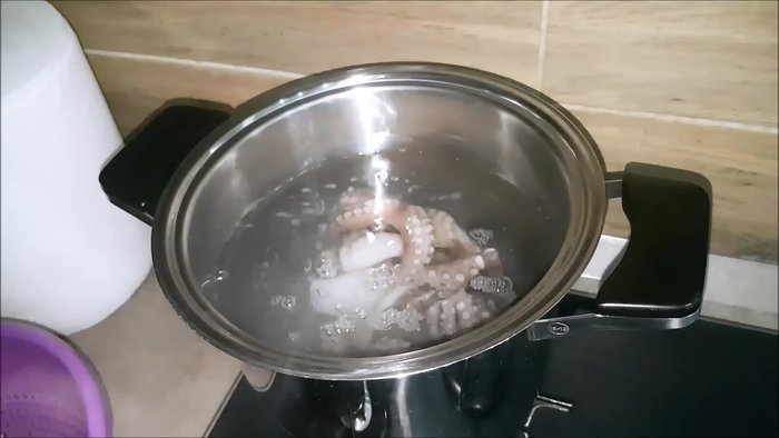 Mettere il polpo in acqua bollente e cuocere per circa tre quarti d'ora.