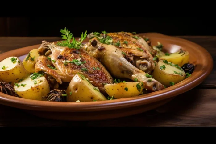 Nel frattempo, preparare il contorno: tagliare le patate e le melanzane a cubetti. In un'altra teglia, unire patate, melanzane, olio d'oliva, aglio, sale e pepe.