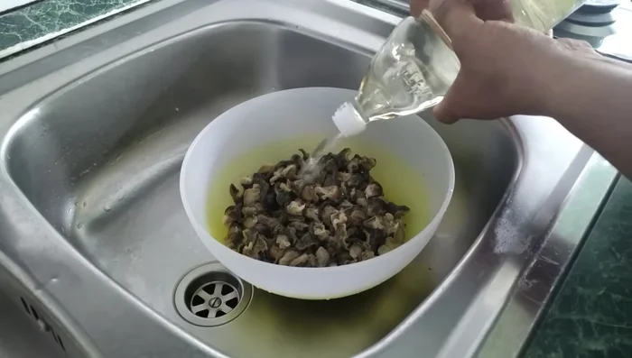 Sgrassare ulteriormente le lumache passando delicatamente le dita su ogni lumaca, eliminando qualsiasi residuo di bava. Questa operazione richiede tempo e pazienza.