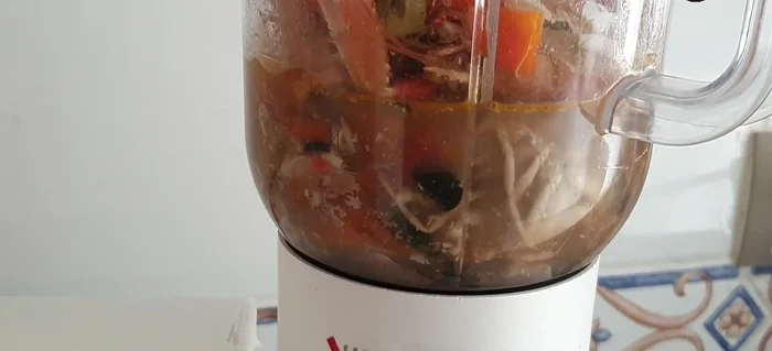Frullare la bisque con un frullatore a immersione o frullatore tradizionale. Passare al colino per eliminare eventuali impurità. (318.4)