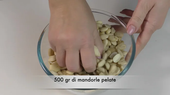 Ridurre a farina 500 g di mandorle pelate e tostate usando un robot da cucina, frullando a piccole dosi. Ottenere una farina finissima.