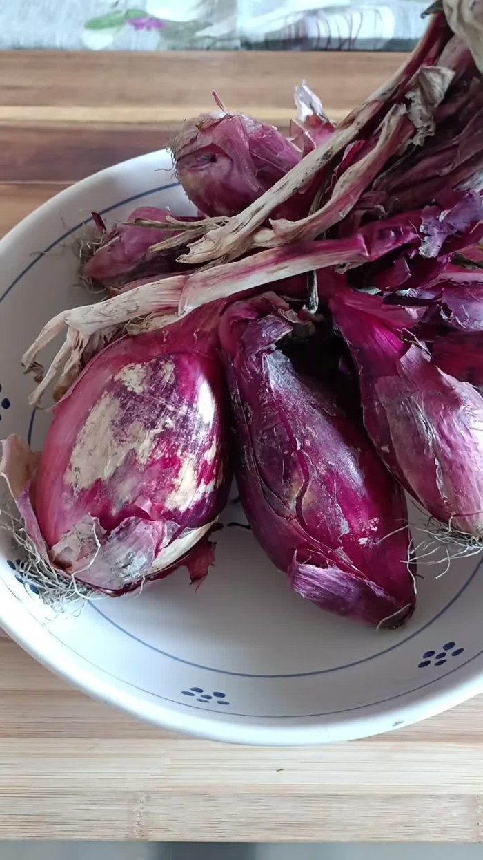 Pulite le cipolle rosse di Tropea, eliminate la prima camicia esterna e affettatele. Tuffatele in acqua.