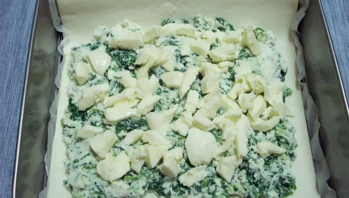 Disponete la mozzarella tagliata a tocchetti sopra il composto.