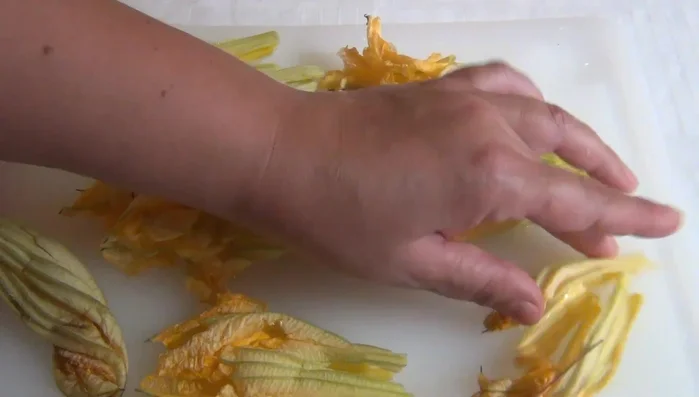 Tagliare i fiori di zucca a listarelle. (91.0)