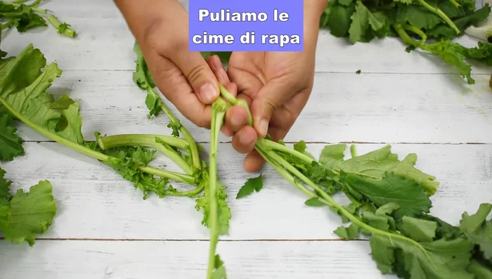 Pulite le cime di rapa: eliminate le foglie gialle e dure. Se gli steli sono duri, eliminateli; altrimenti, spezzettateli insieme alle foglie tenere.