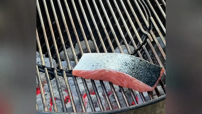 Mettere il salmone sulla griglia con il lato della carne rivolto verso il basso, a un angolo di 45°.