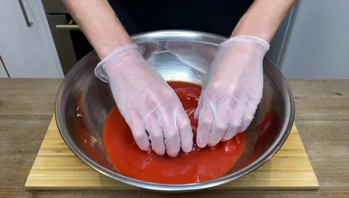 Schiacciare i pomodori con le mani o uno schiacciapatate.