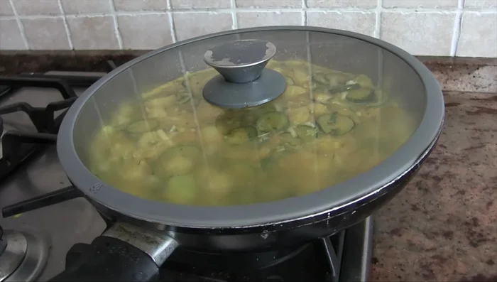 Versare il resto del composto nella padella e cuocere a fuoco basso con il coperchio (779.48).