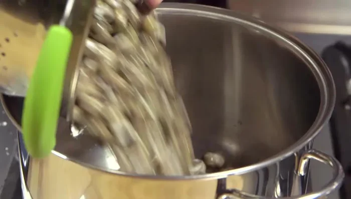 Bollire le lumachine in una pentola con acqua e una manciata di sale grosso per circa 20 minuti dal momento del bollore. Questo serve anche per spurgare le lumache.