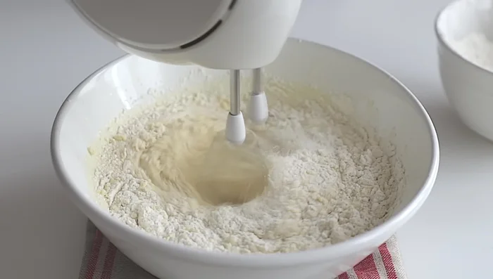 Aggiungere la farina (270g) e il lievito (16g) in due volte, alternando con la cannella, lavorando a bassa velocità fino a ottenere un composto omogeneo.